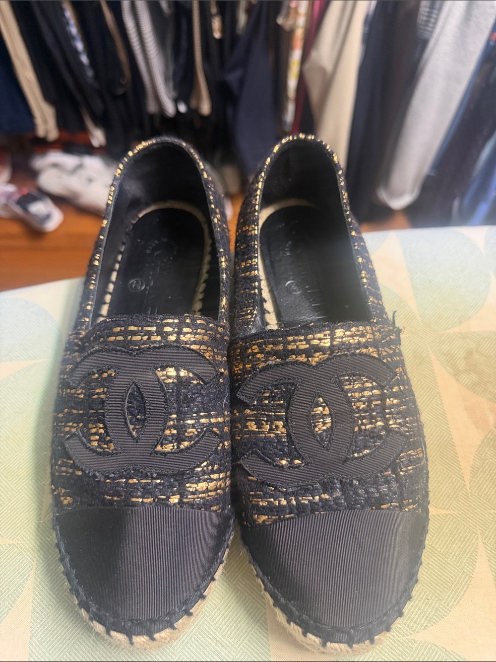 CHANEL Black and Gold Tweed Espadrilles with Interlocking CC